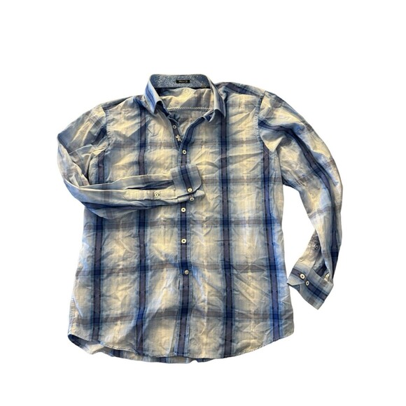 Bugatchi Uomo Men's Blue Linen Plaid Short Sleeve Classic Fit Button Up L Shirt - Picture 9 of 15
